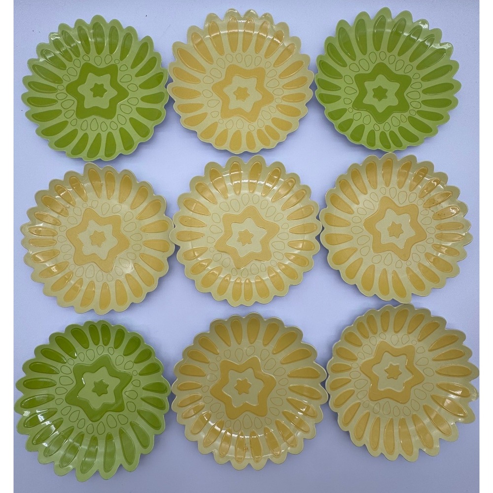 Set of 9 Retro‎ Floral Melamine Salad Dessert Plates Green Yellow 8 Inch